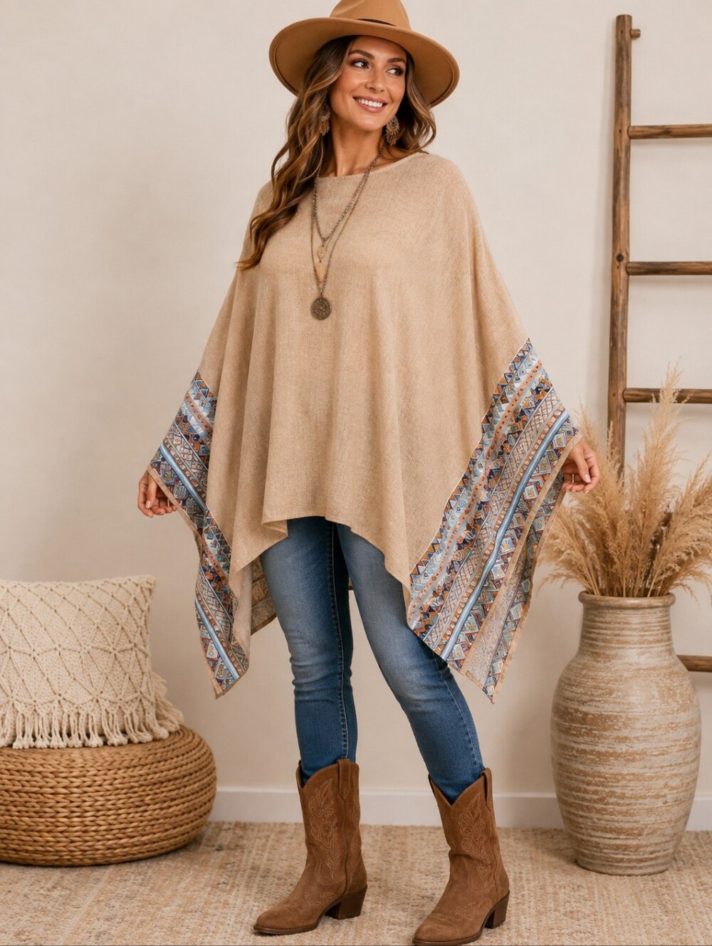 Embroidered Linen Blend Western Santa Fe Chic Boho Lagen Look Cape Poncho